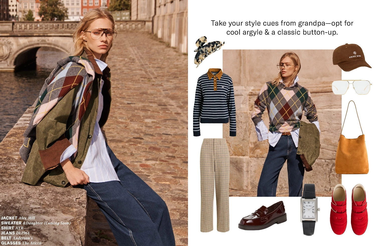 Take your style cues from grandpa—opt for cool argyle & a classic button-up.