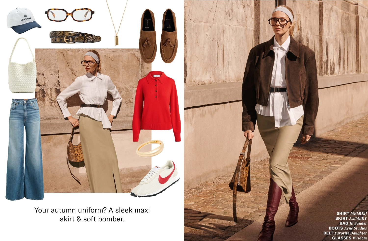 Your autumn uniform? A sleek maxi skirt & soft bomber.