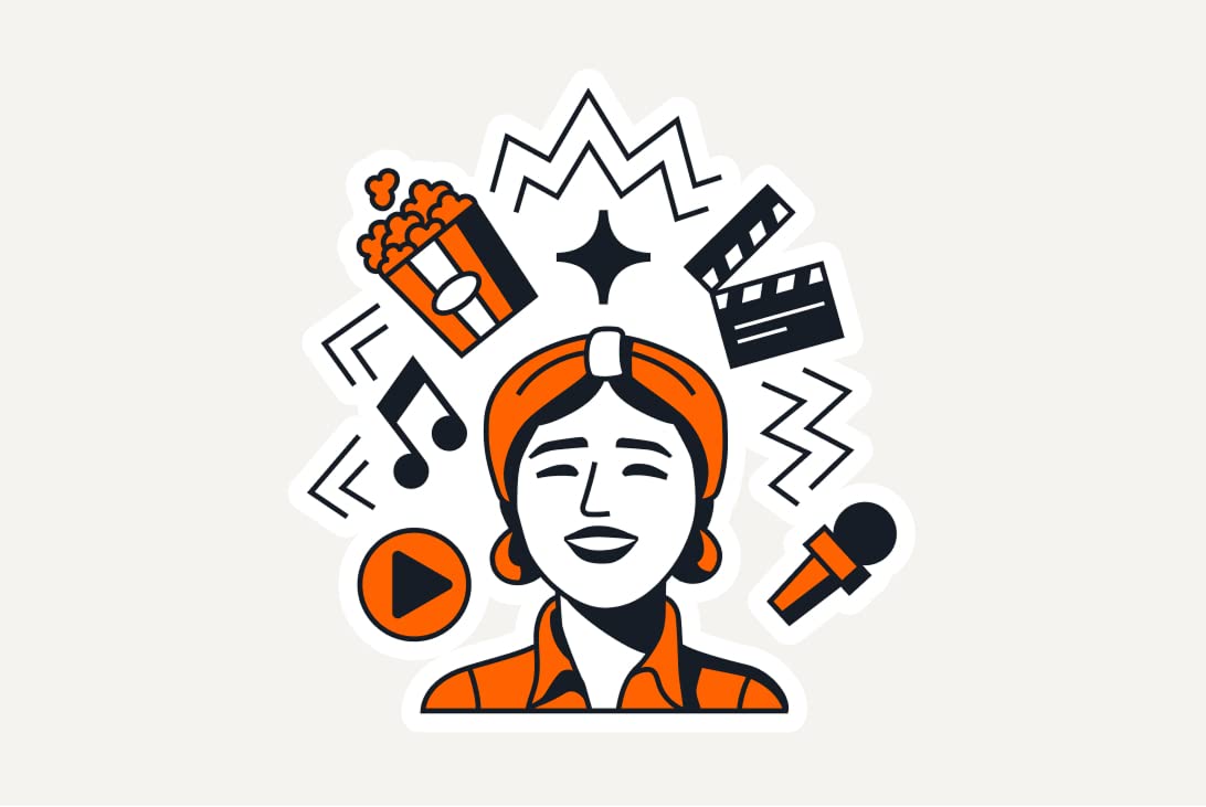 illustration of a person surrounded by entertainment icons including music notes, film clapperboard, microphone, and gift box
