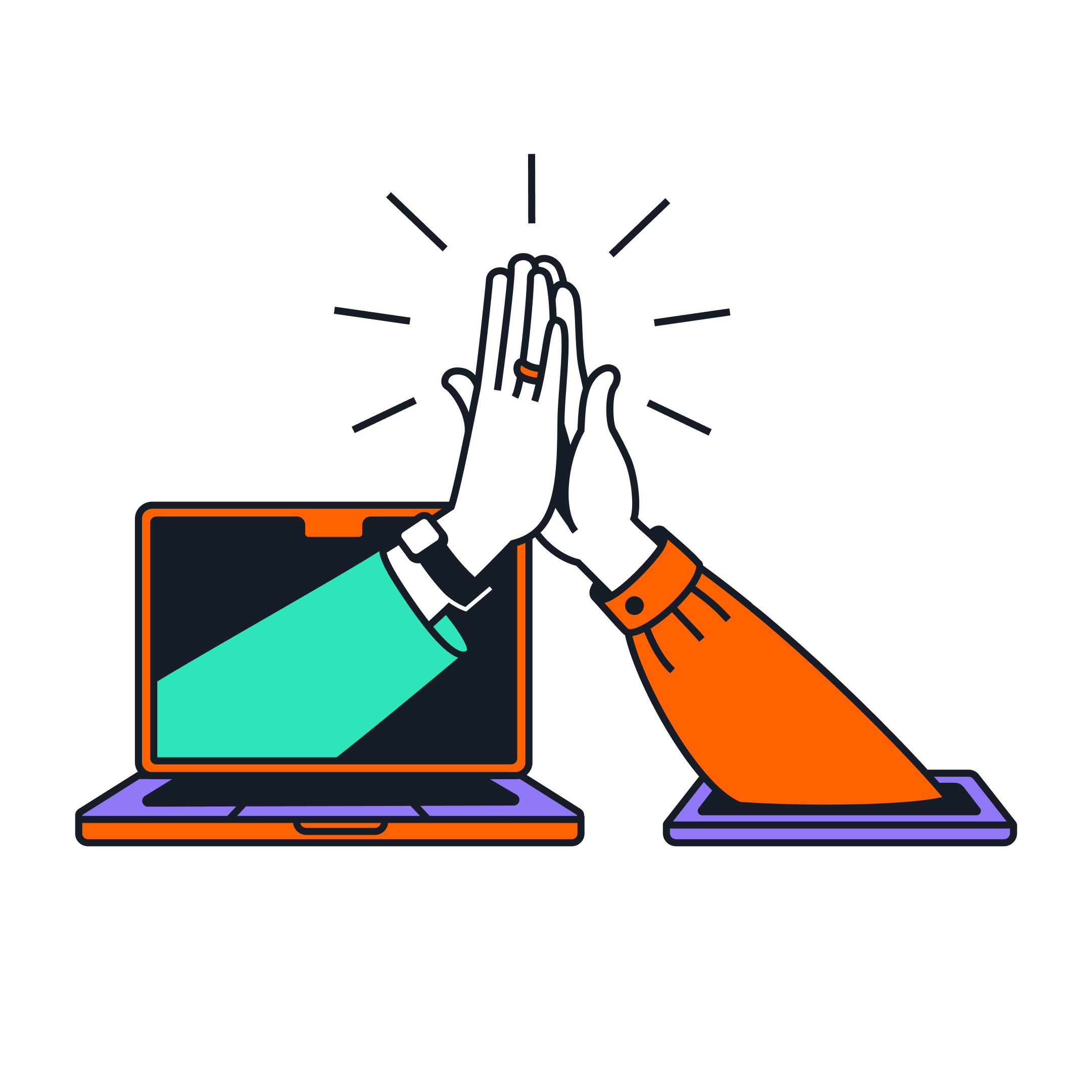 デバイスから伸びる2本の腕がお互いにハイタッチしている