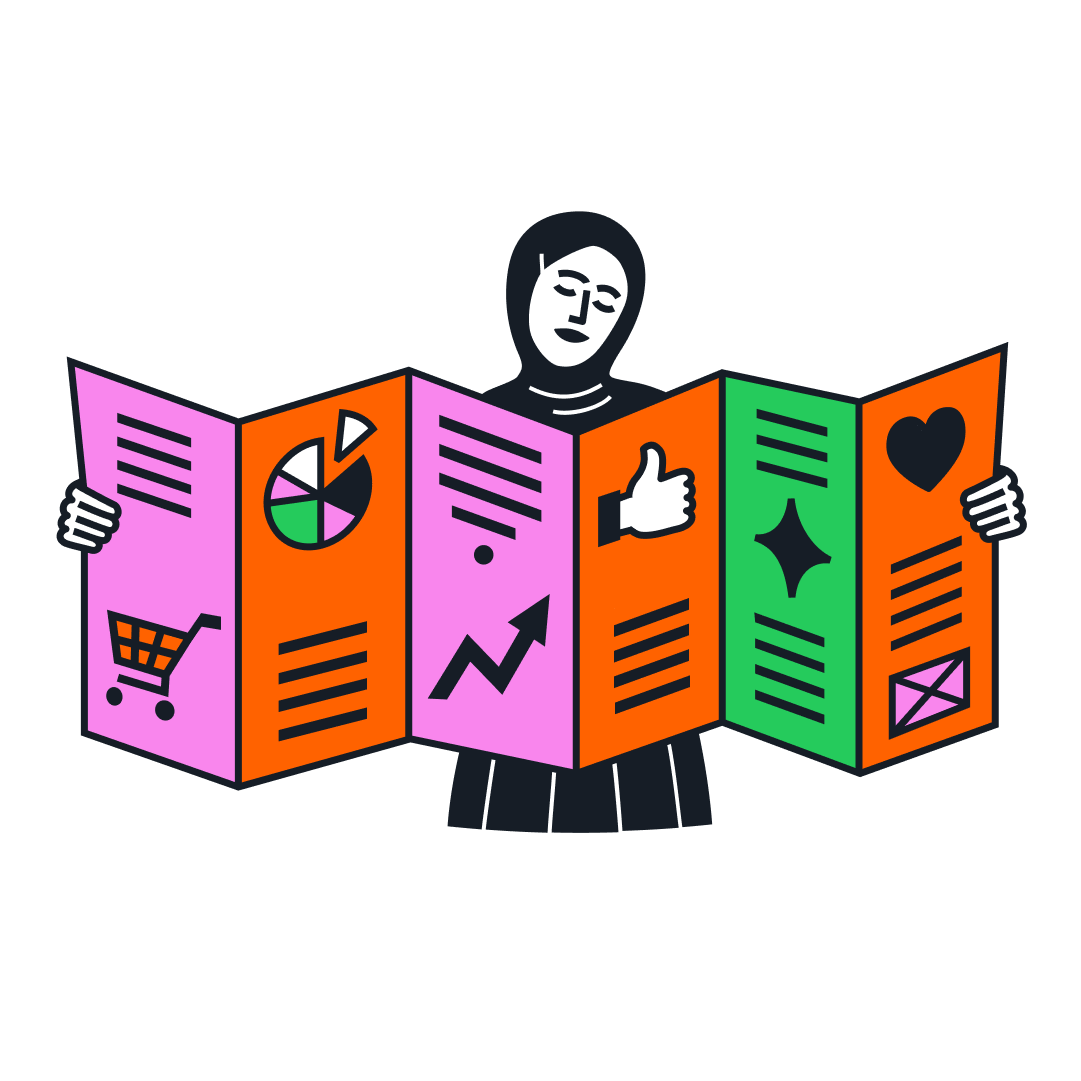 Illustration of a person holding open a brochure.