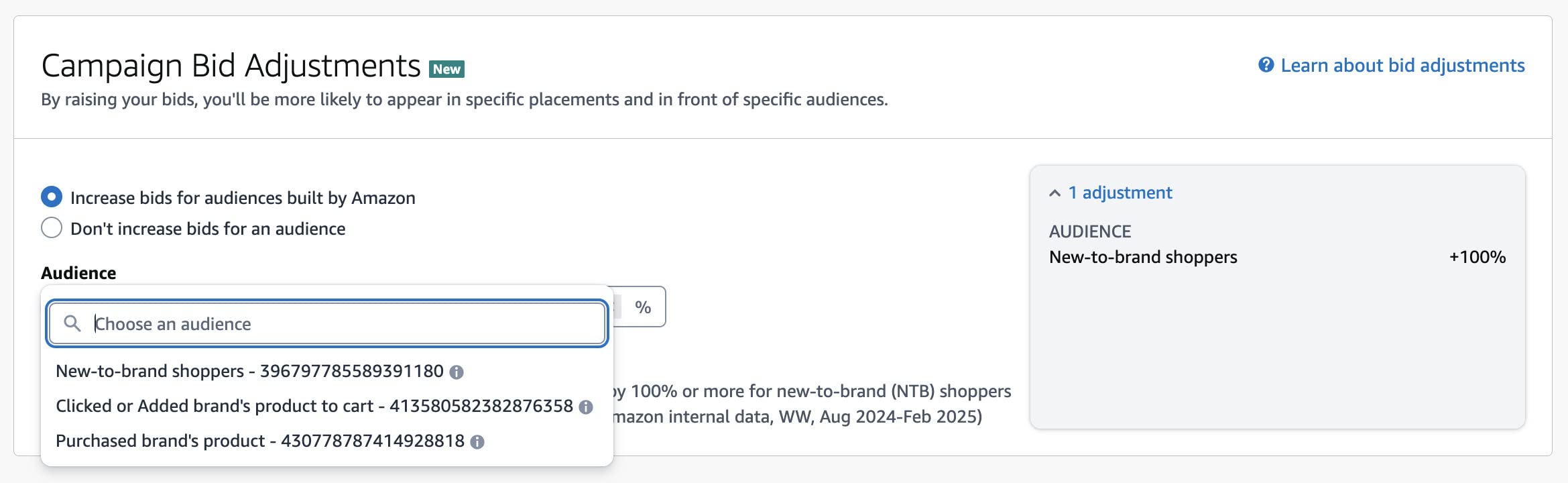 Lors de la création d'une nouvelle campagne dans la console publicitaire, vous voyez une carte « Ajustements des enchères de la campagne » qui vous permet d'augmenter les enchères pour les auditoires créés par Amazon.