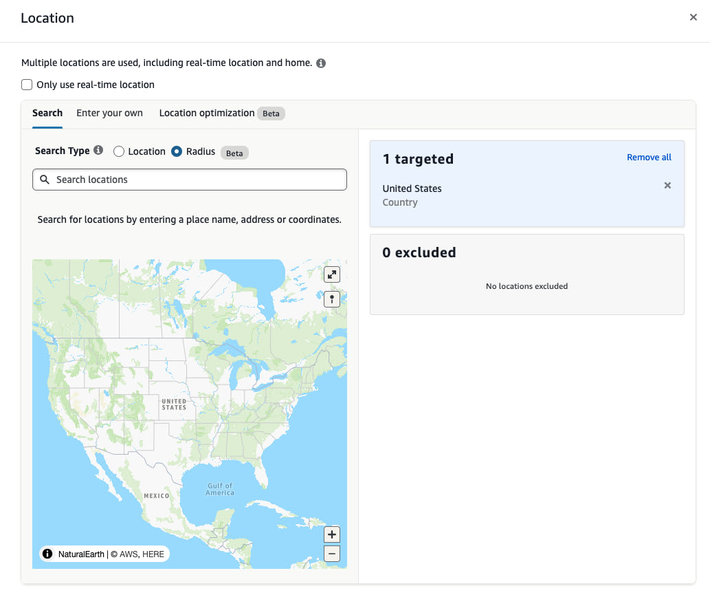 Activate radius targeting by selecting the Radius radio button in the Location targeting widget.