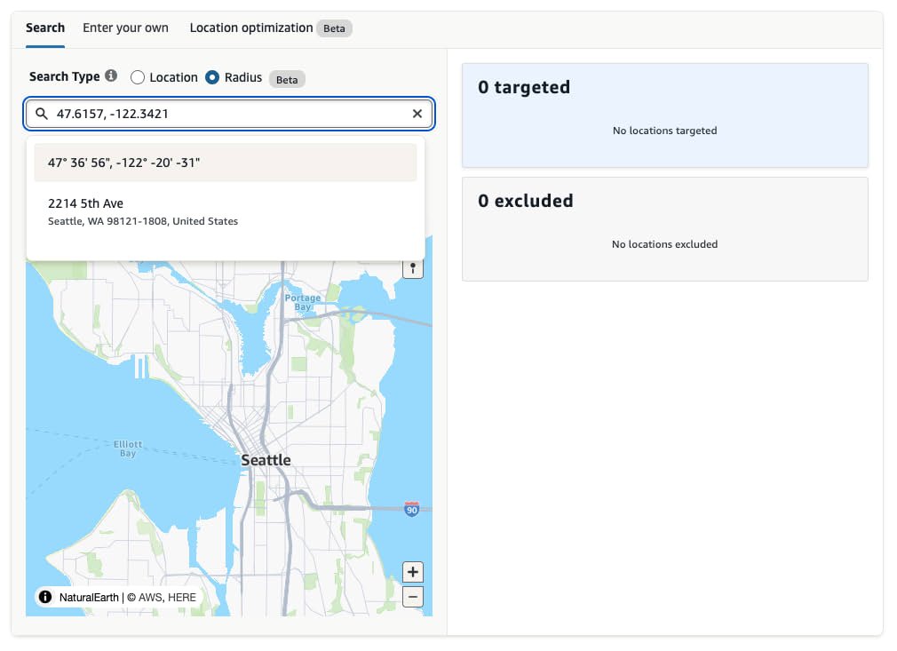 Target using latitude longitude coordinates. Both Decimal Degrees (47.6157, -122.3421) and Degrees, Minutes, Seconds (47°36′56.6208″N 122°20′31.52688″W) formats are supported.