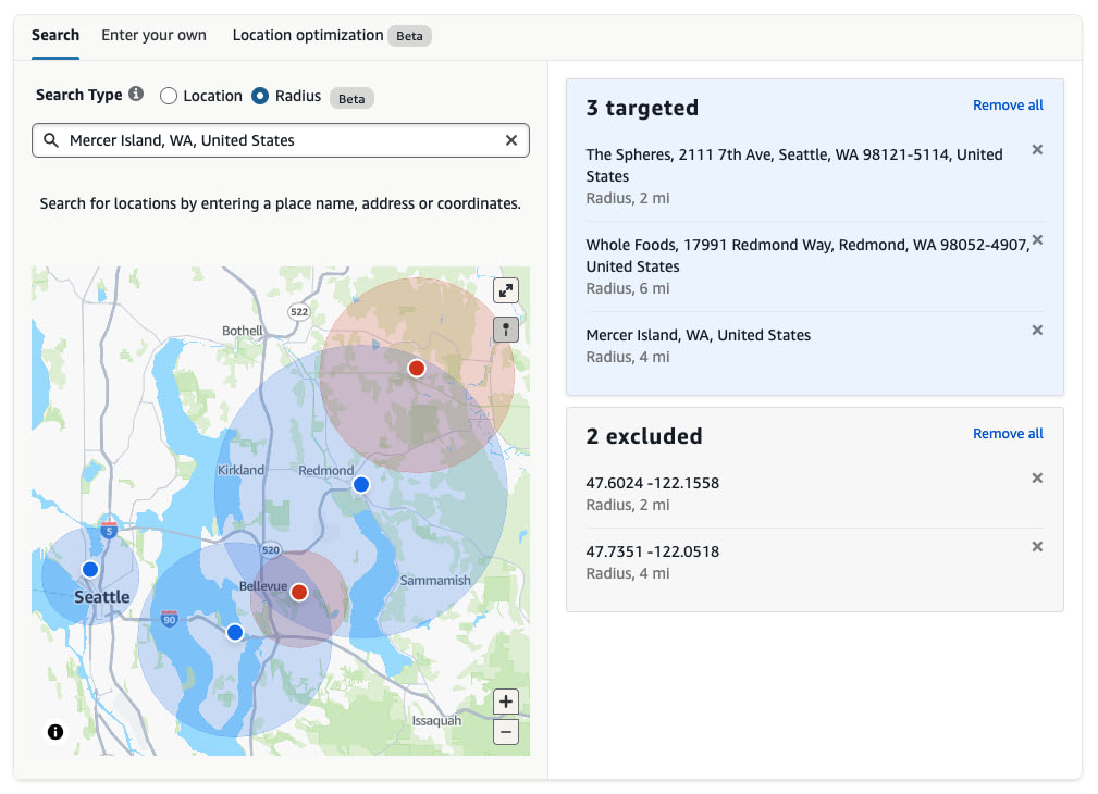Target and exclude multiple locations with different radial sizes to create custom shapes for reaching customers. Areas may fully or partially overlap each other.
