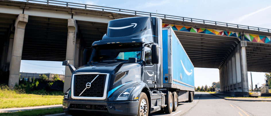 An Amazon tractor and trailer on the road