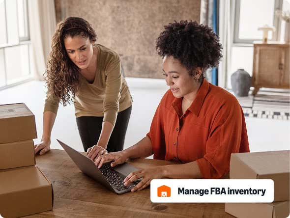Illustrated woman standing in front of boxes on a conveyor belt in an Amazon fulfillment center