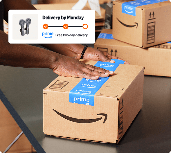 Bouteilles d’eau disponibles via Amazon Prime, et un badge d’expédition Prime avec un bouton « Ajouter au panier »