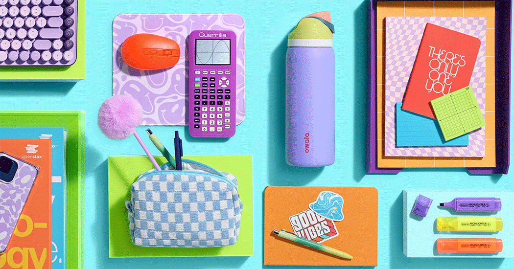 Back to school supplies including calculators, highlighters, and more