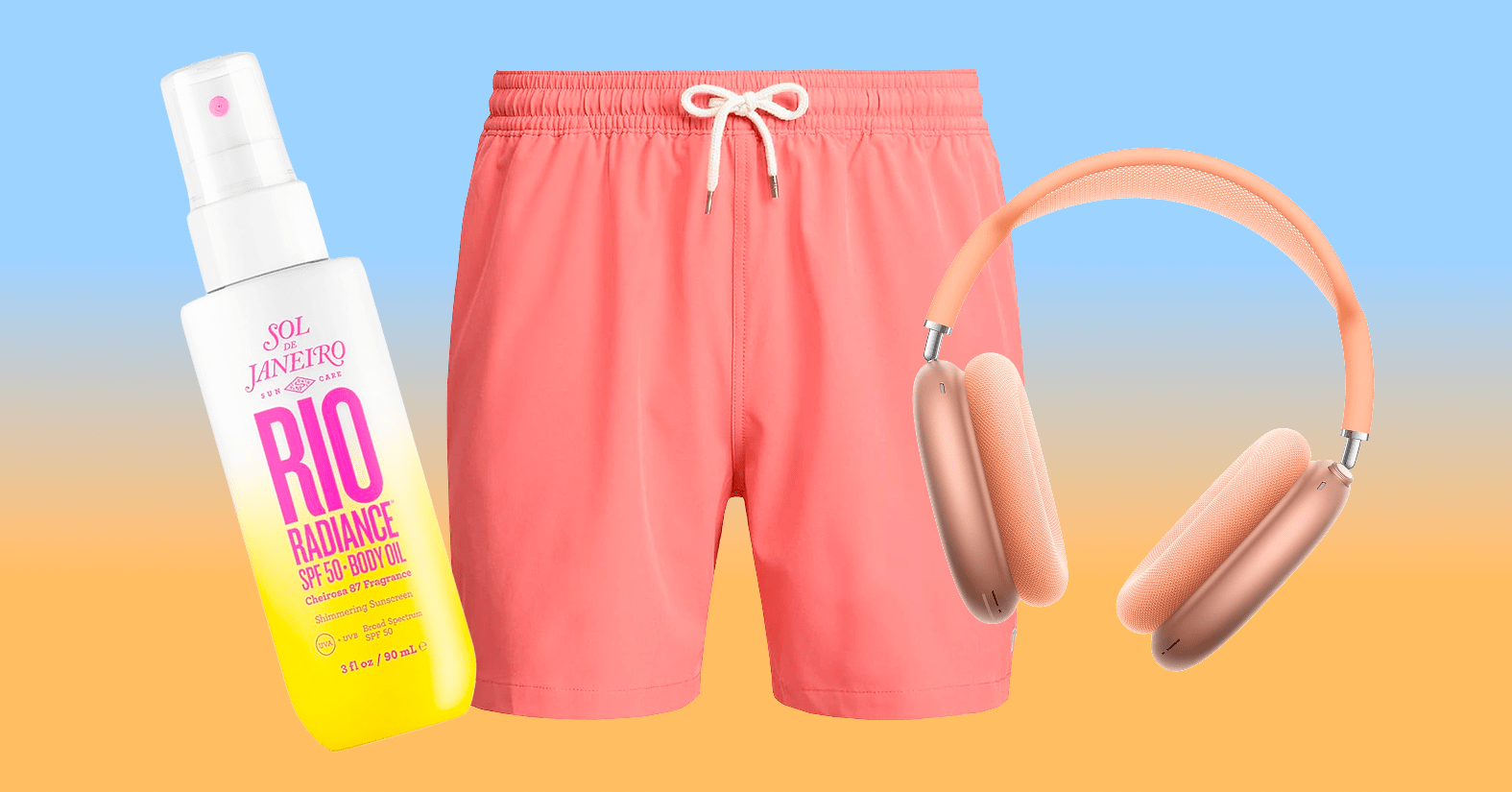 Swim trunks, Sol de Janeiro, and headphones