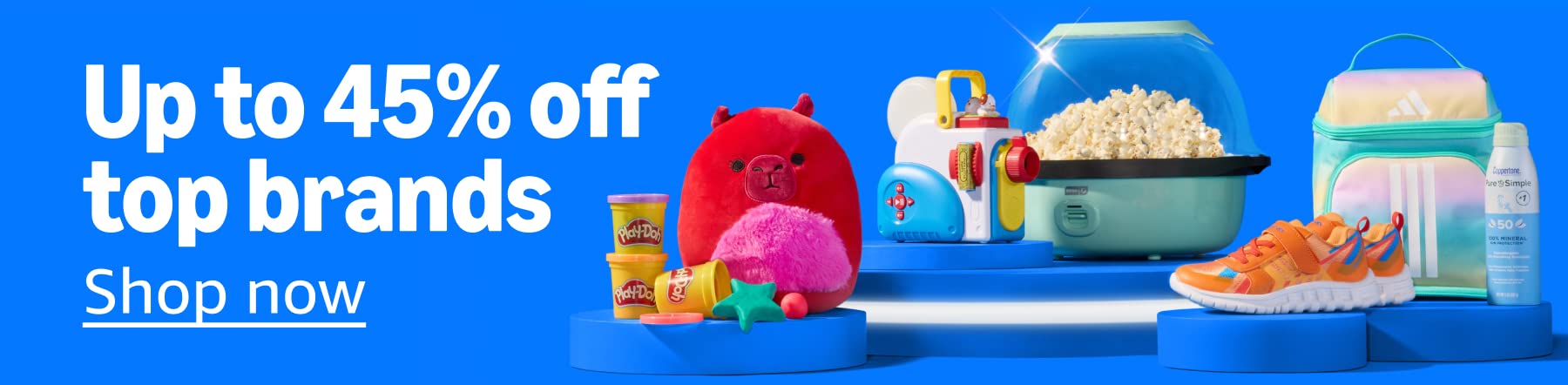 Up to 45% off top brands. Shop now. Image of assortment of products.