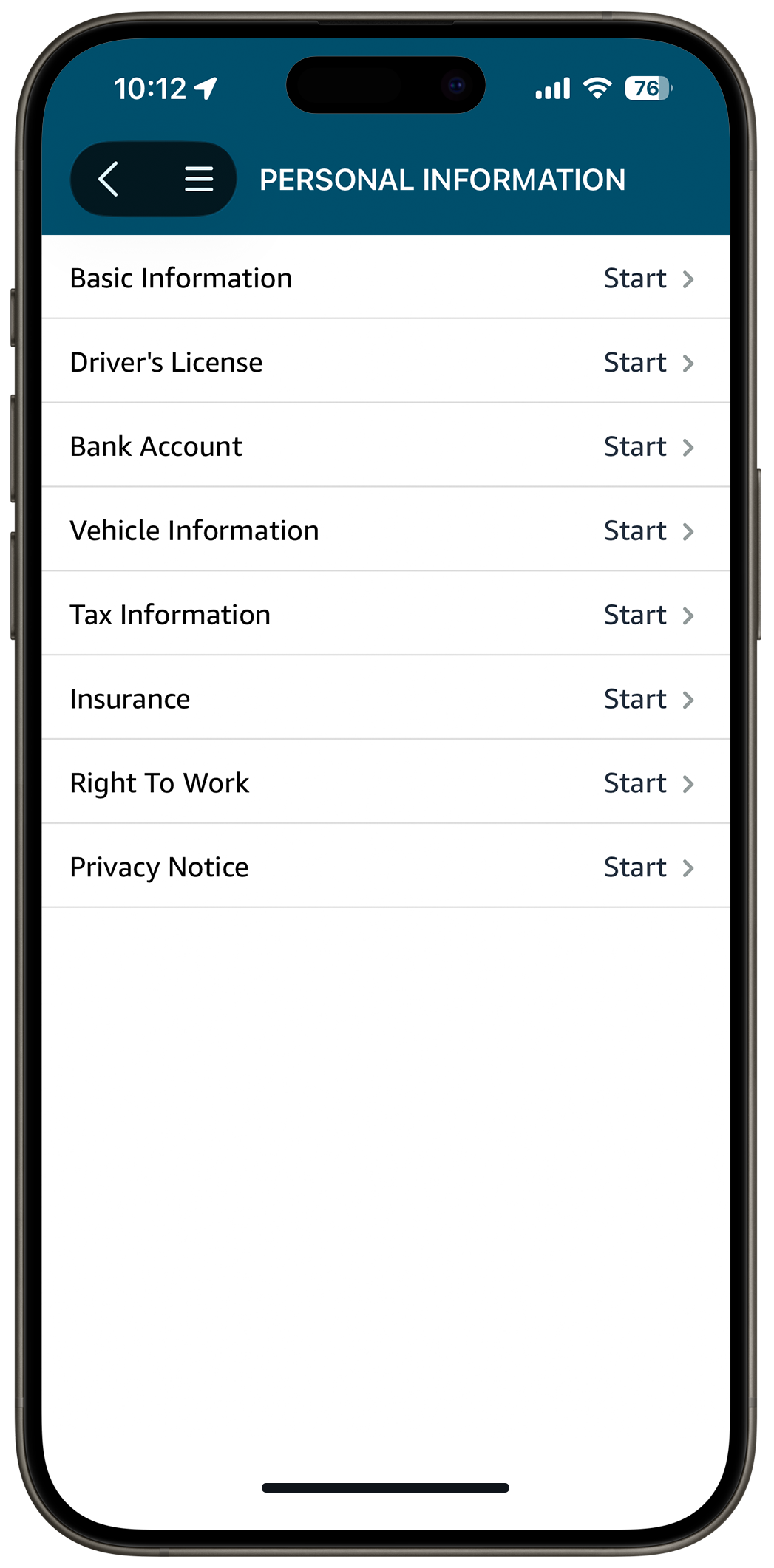 Screenshot of the Amazon Flex app showing the personal information tab