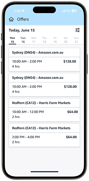 Screenshot of the Amazon Flex app showing direct debit payment history to delivery driver