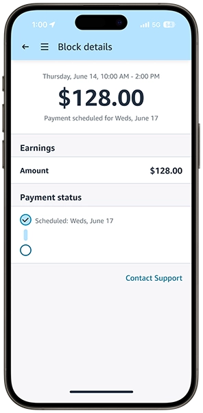 Amazon Flex app showing delivery block details and pay
