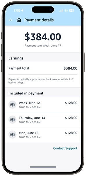 Screenshot of the Amazon Flex app showing proof of payment to delivery driver