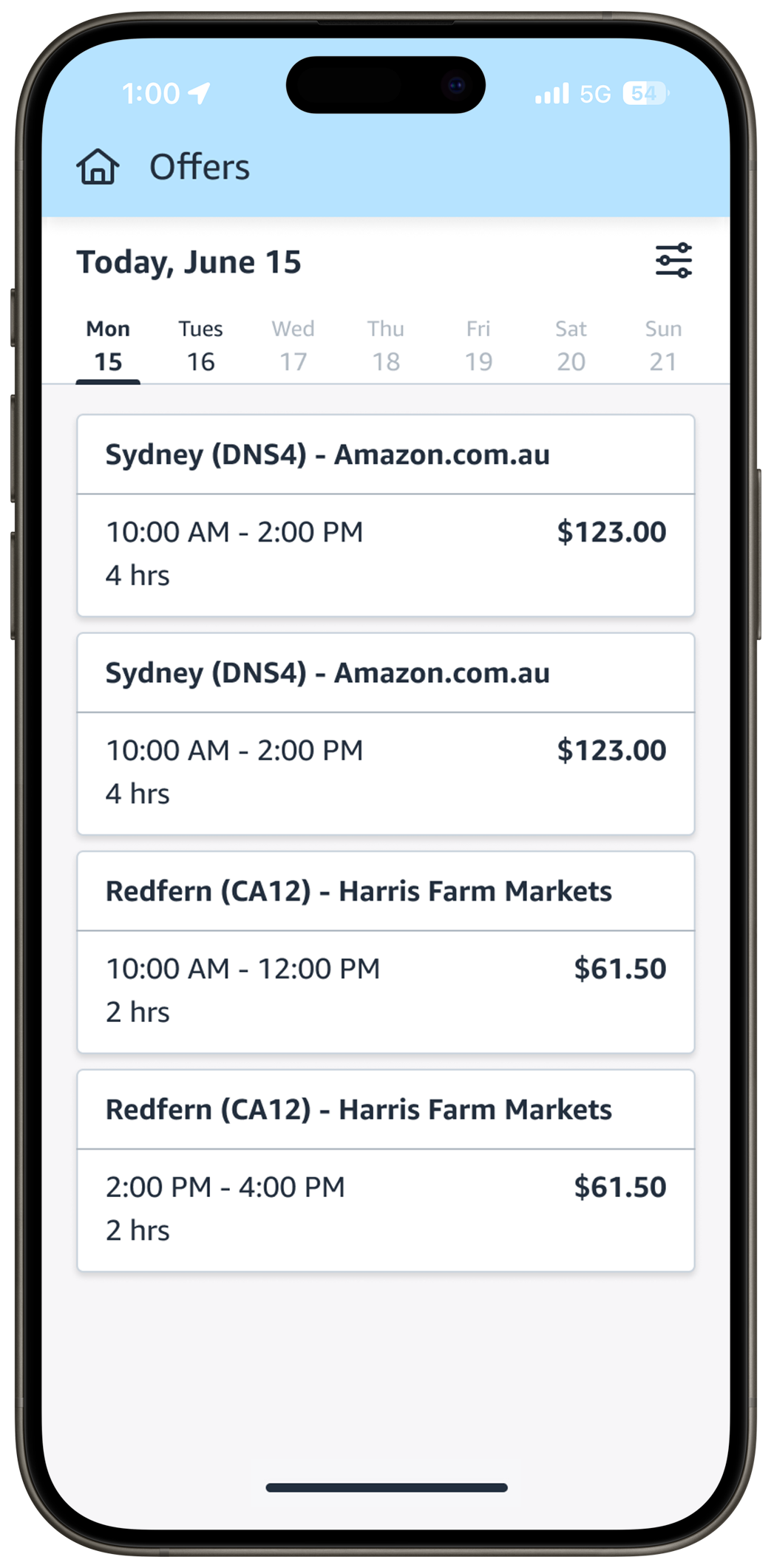 Screenshot of the Amazon Flex app showing direct debit payment history to delivery driver