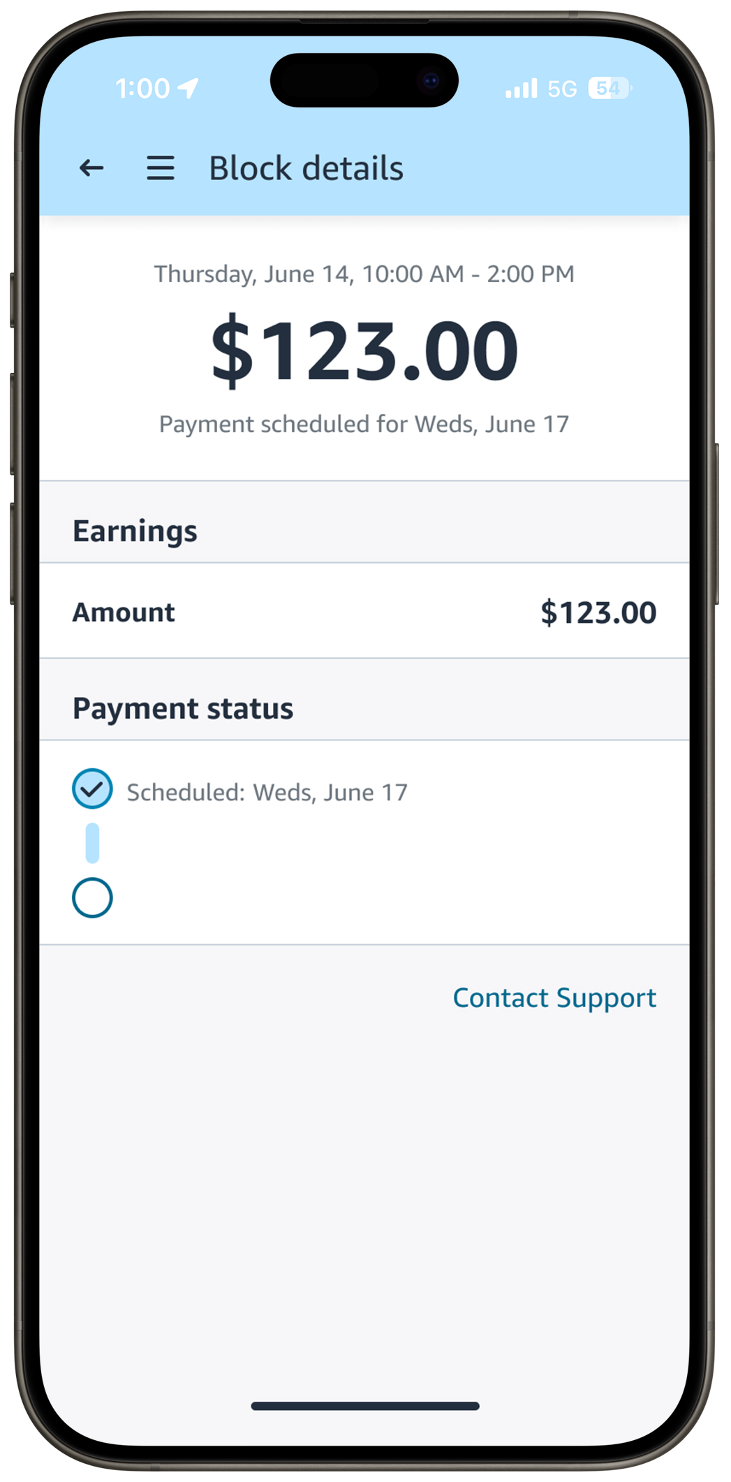 Amazon Flex app showing delivery block details and pay