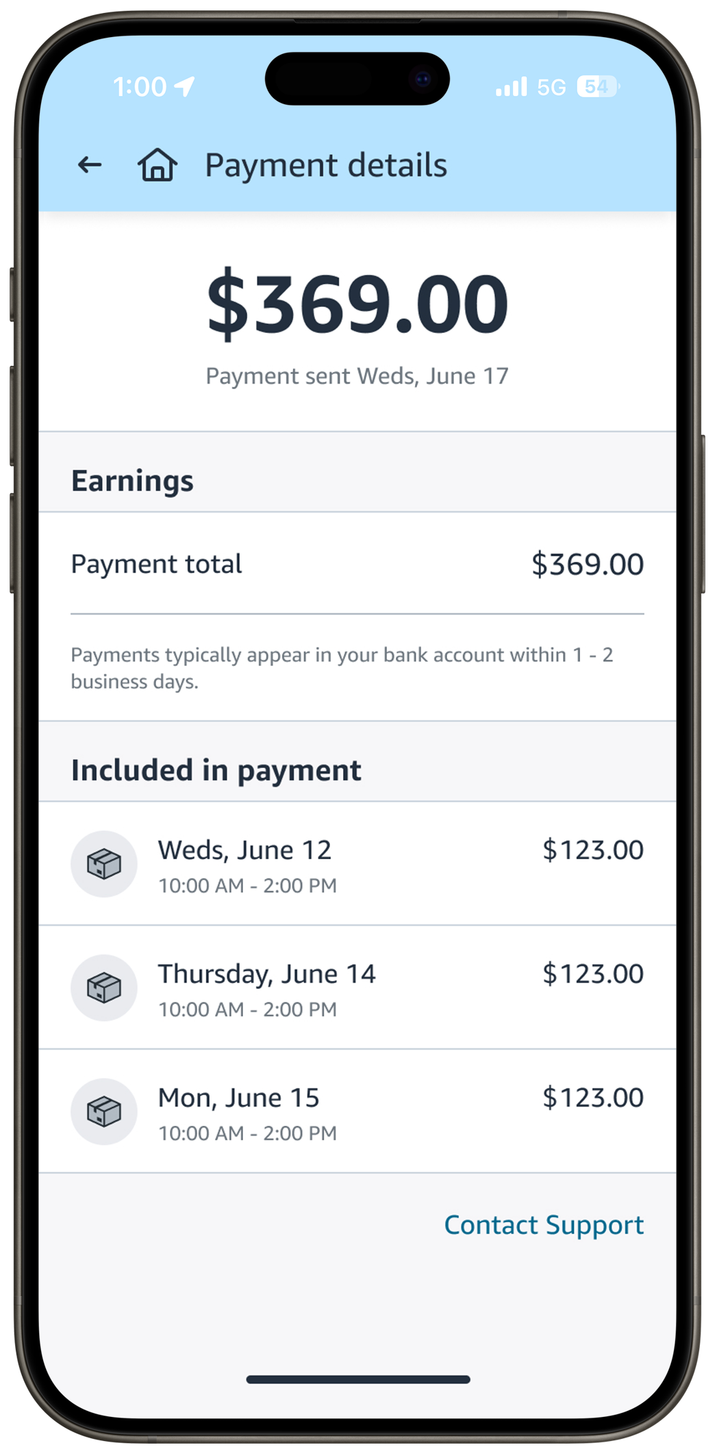 Screenshot of the Amazon Flex app showing proof of payment to delivery driver