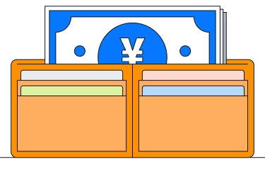 青い背景に白い円マークが描かれたお札が、オレンジ色の見開きデジタルウォレットの中に描かれている。