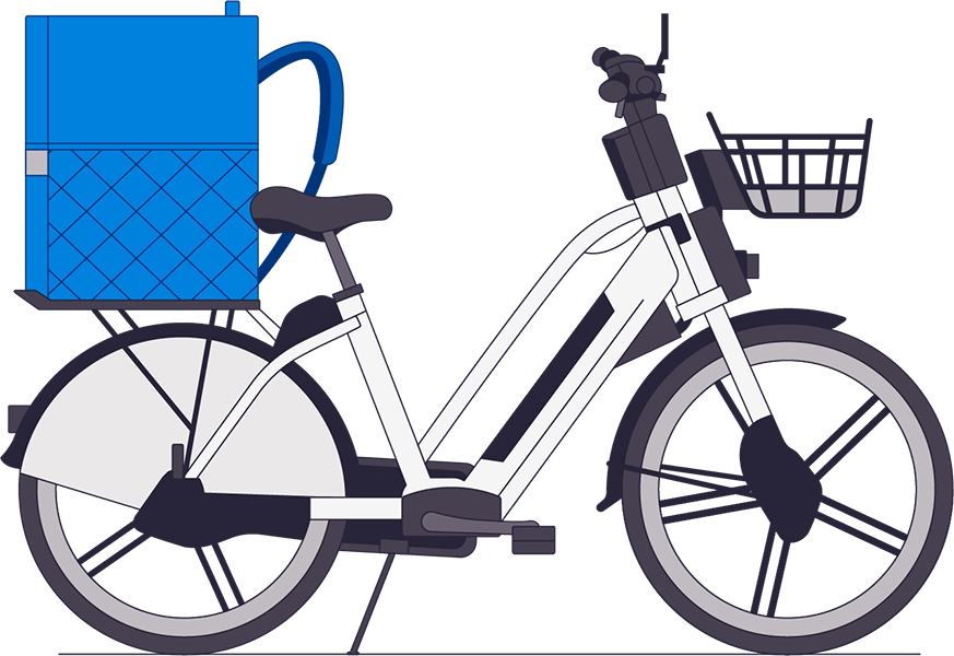 青い円形の背景デザインの中に、白い2台の車両（バンとミニバン）をシンプルな線画で表現。