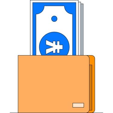 青い背景に白い円マークが描かれたお札が、オレンジ色のカード型デジタルウォレットの中に描かれている。