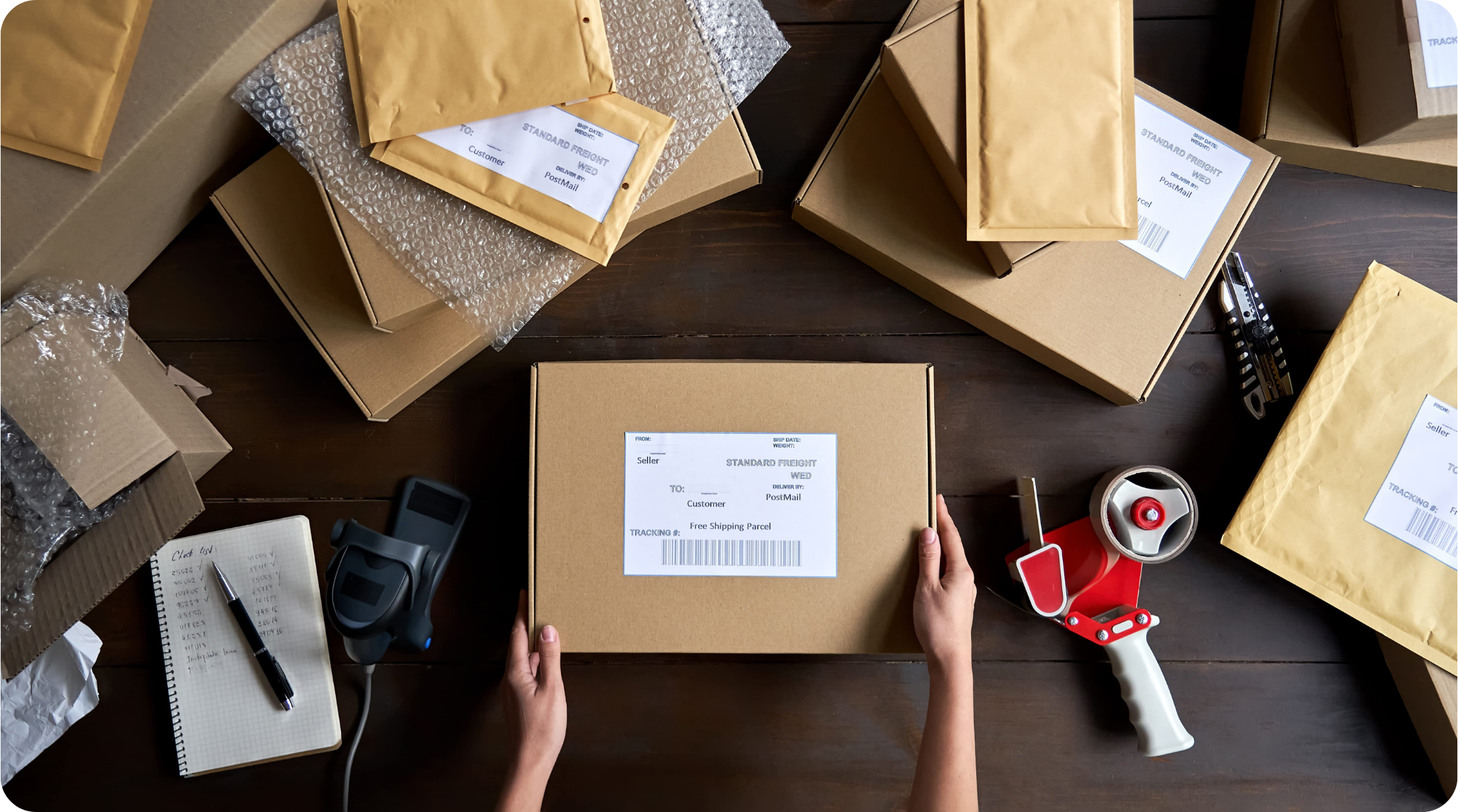 Mãos segurando caixa com etiqueta de envio sobre mesa com envelopes, plástico bolha e fita adesiva