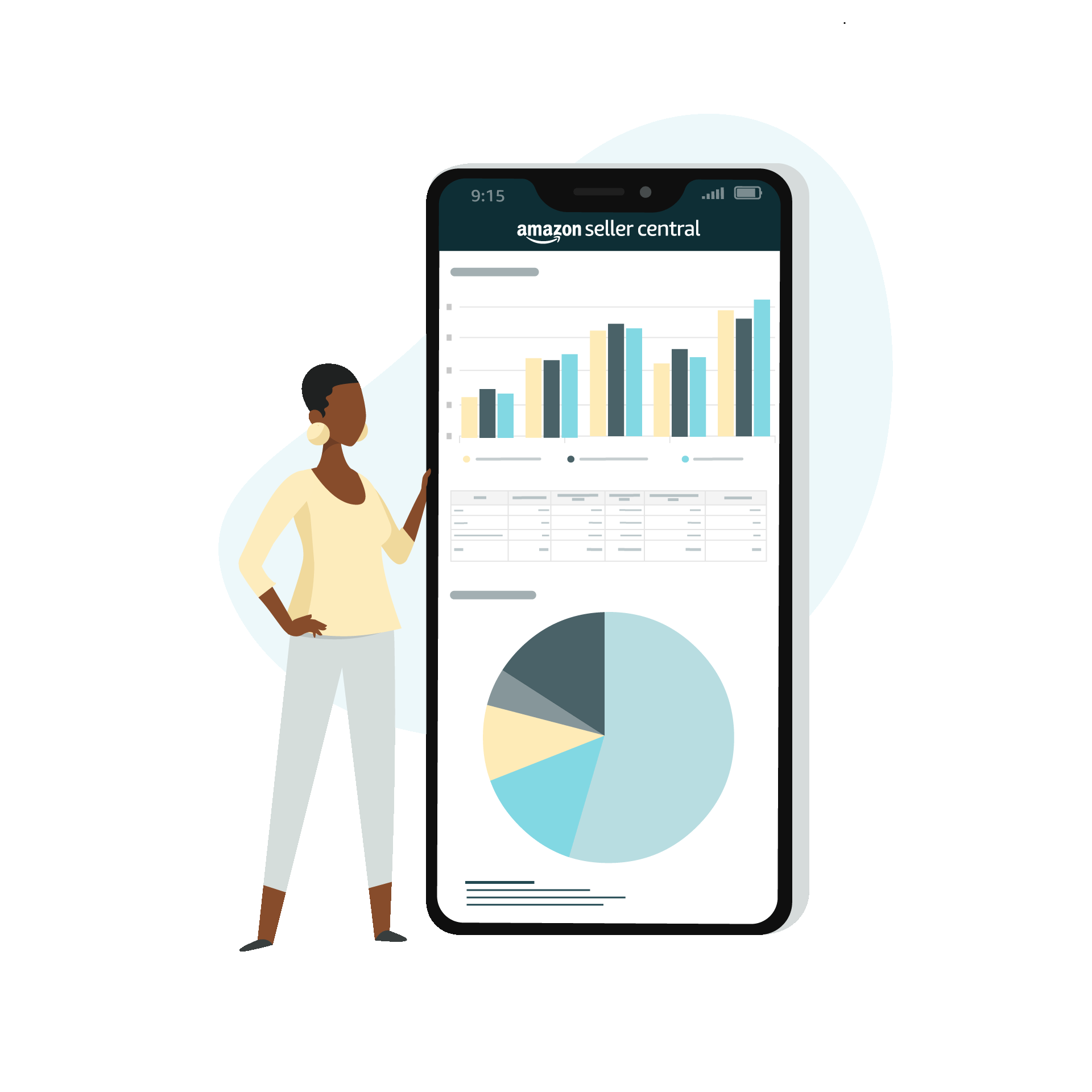 Vendedora ao lado de celular exibindo painel Amazon Seller Central com gráficos de barras e pizza