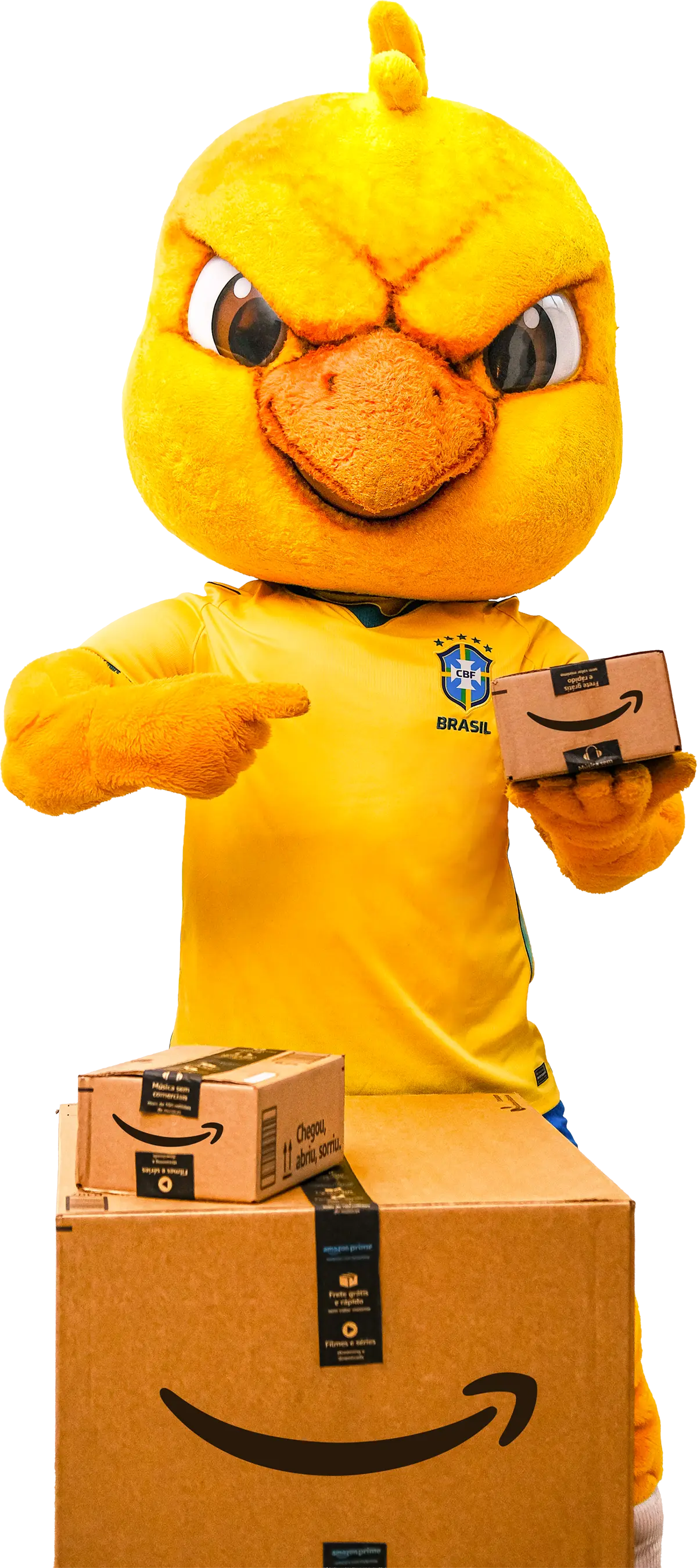 Mascote em formato de pássaro amarelo, com bico laranja e olhos expressivos, vestindo a camisa oficial da Seleção Brasileira de Futebol com o escudo da CBF. O mascote está em pé e segura uma caixa de papelão com o logo da Amazon.