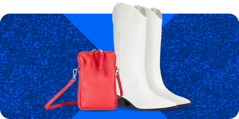 A pair of white boot and a red purse.
