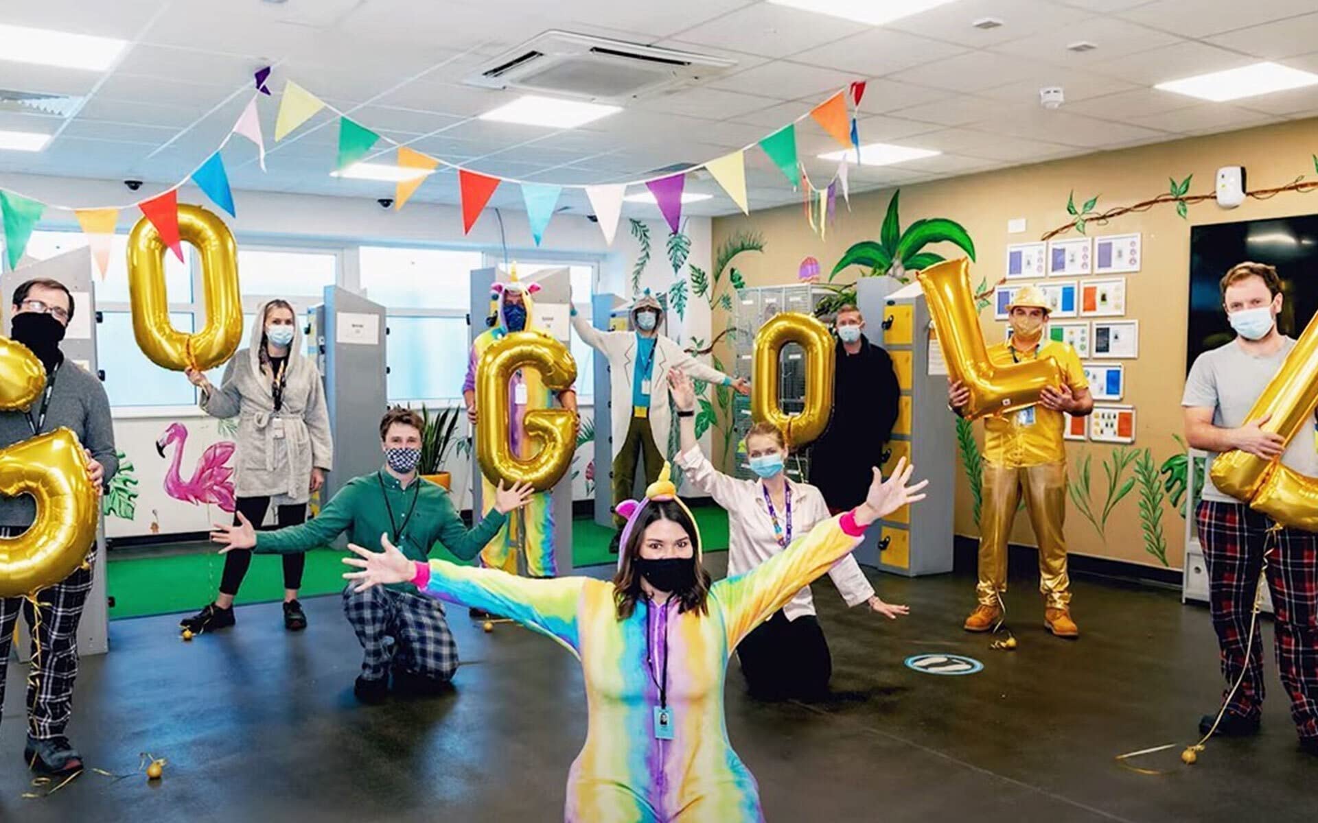 Amazon employees dressed in pajamas.