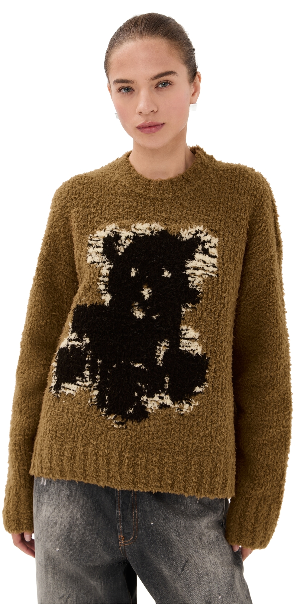 Acne Studios Teddy Animation Crewneck Sweater Khaki Beige In Brown