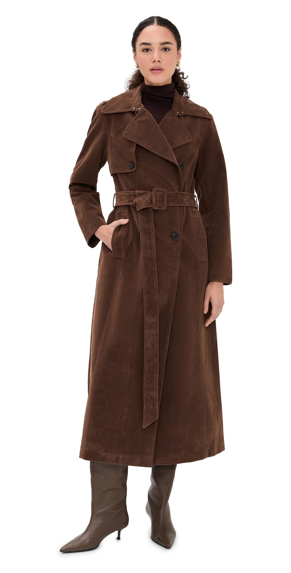 Avec Les Filles Faux Suede Maxi Trench Coat Brunette In Brown