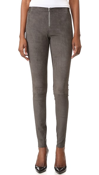 Alice And Olivia Front Zip Suede Leggings In Charcoal