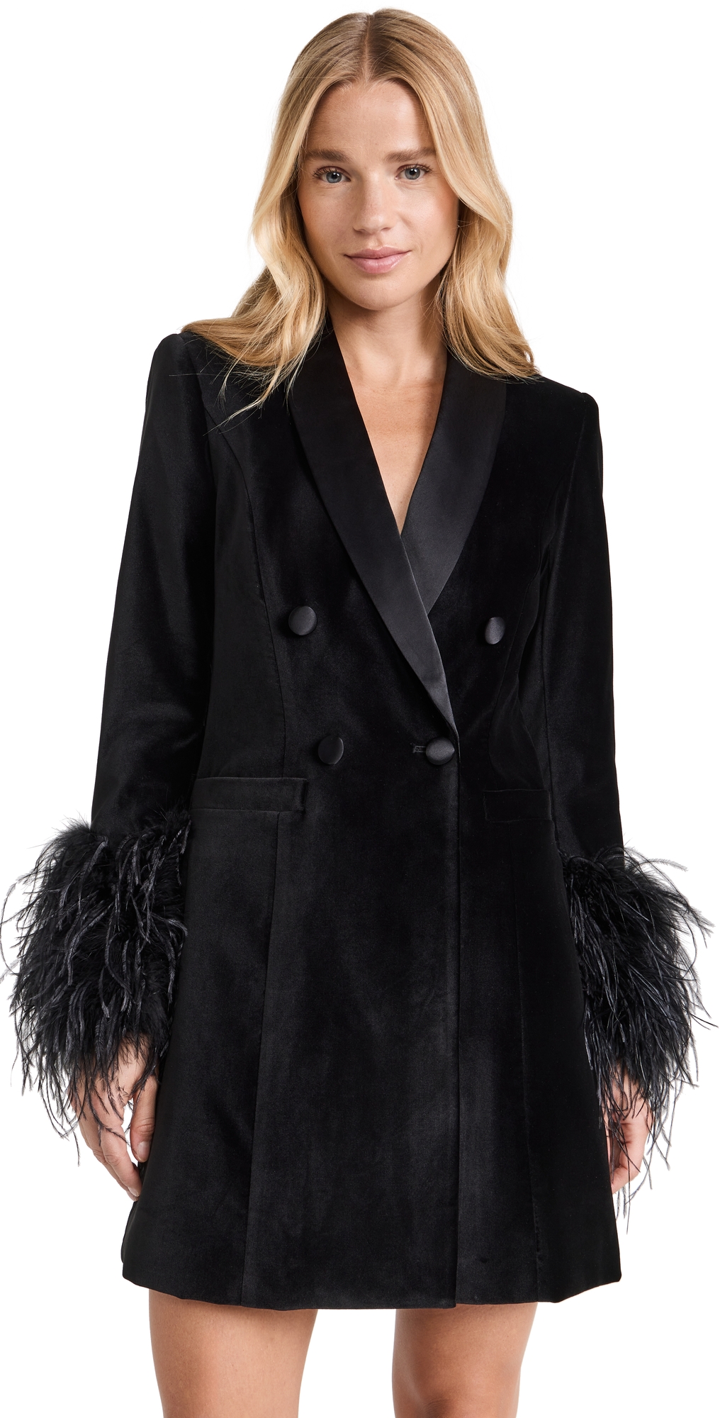 Alice And Olivia Latoya Feather-cuff Blazer Mini Dress In Black/black