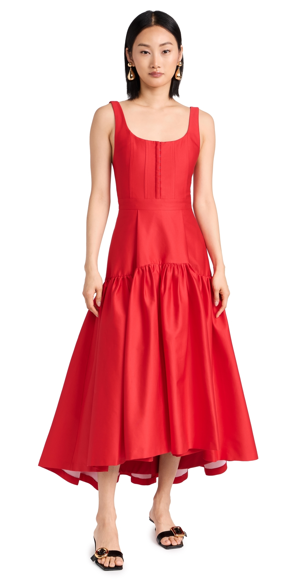 ALICE AND OLIVIA DIANA SLEEVELESS STRUCTURED MIDI DRESS BRIGHT RUBY