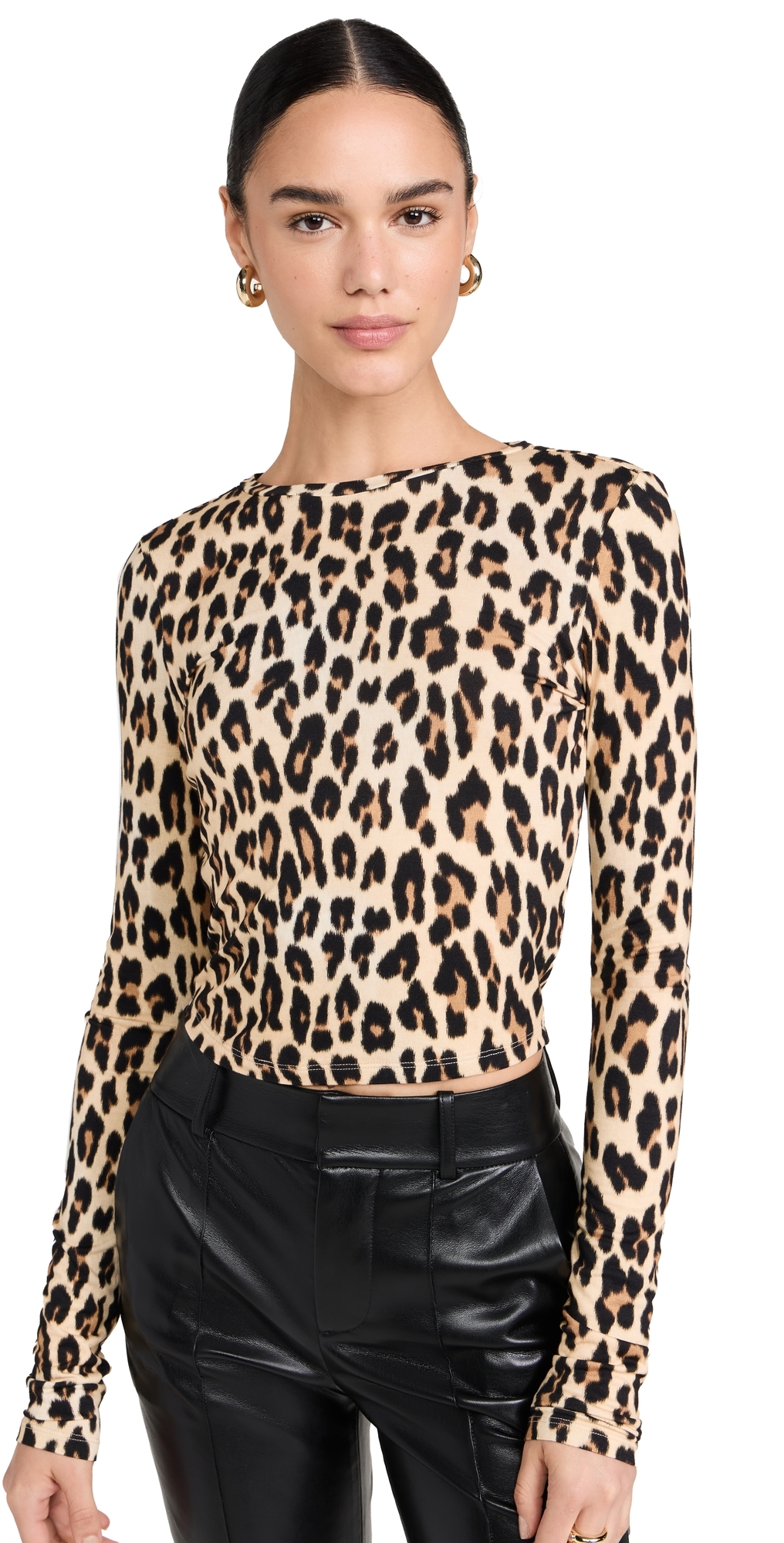 Alice And Olivia Delaina Long-sleeve Crewneck Crop Top In Textured Leopard