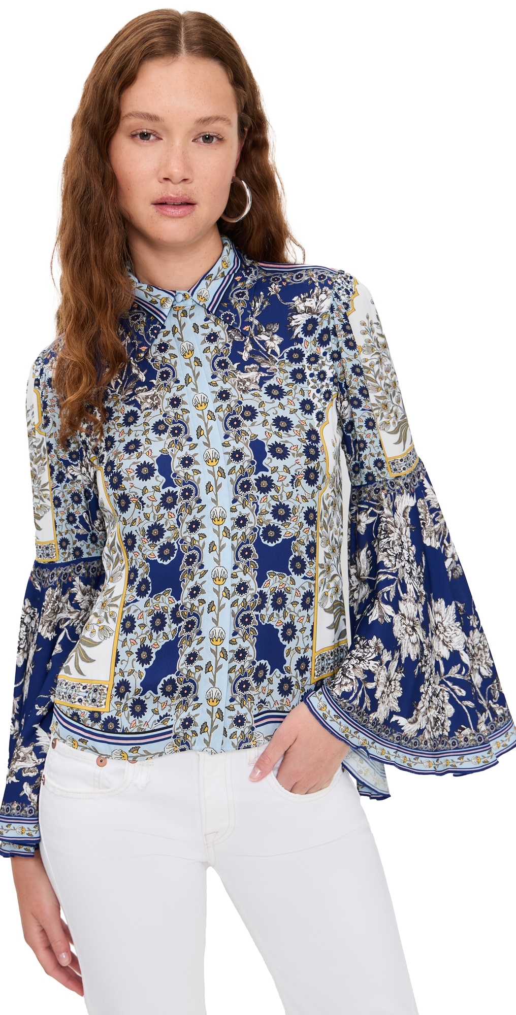 Alice And Olivia Willa Forevermore Fitted Bell-sleeve Placket Top In Blue