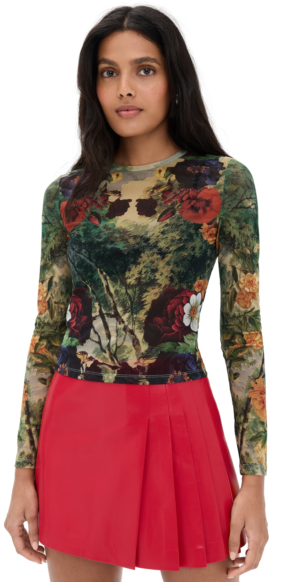 Alice And Olivia Delaina Printed Mesh Crop Top Forbidden Forest In Multi
