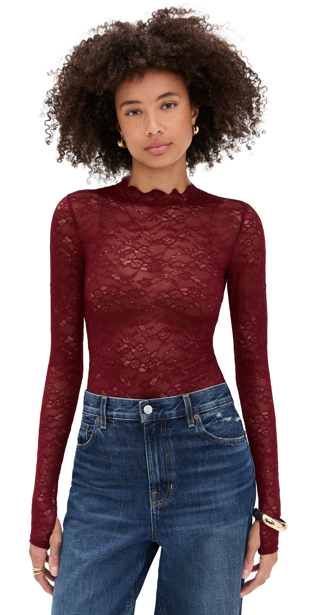 Alice And Olivia Taeyn Lace Crew Neck Bodysuit Oxblood In Burgundy