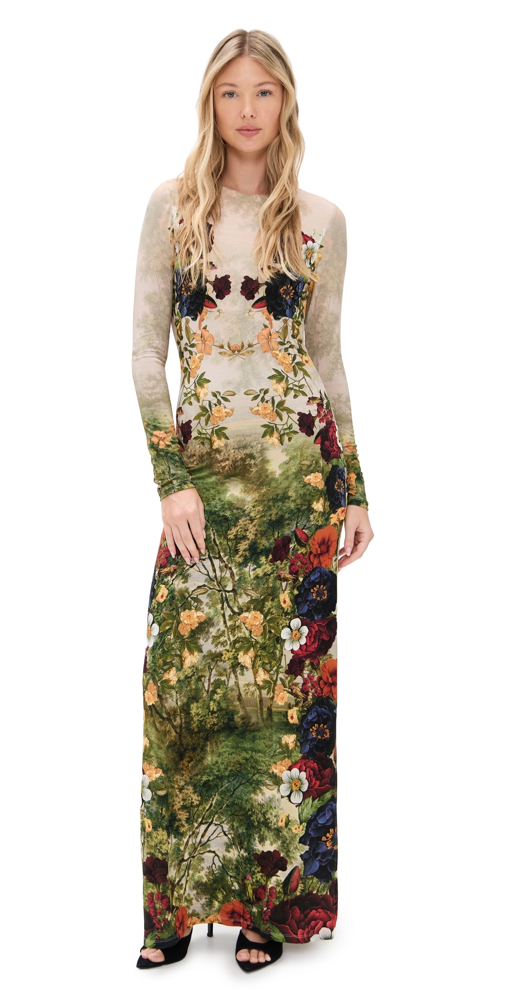 Alice And Olivia Delora Long Sleeve Crew Neck Maxi Dress Forbidden Forest In Multi