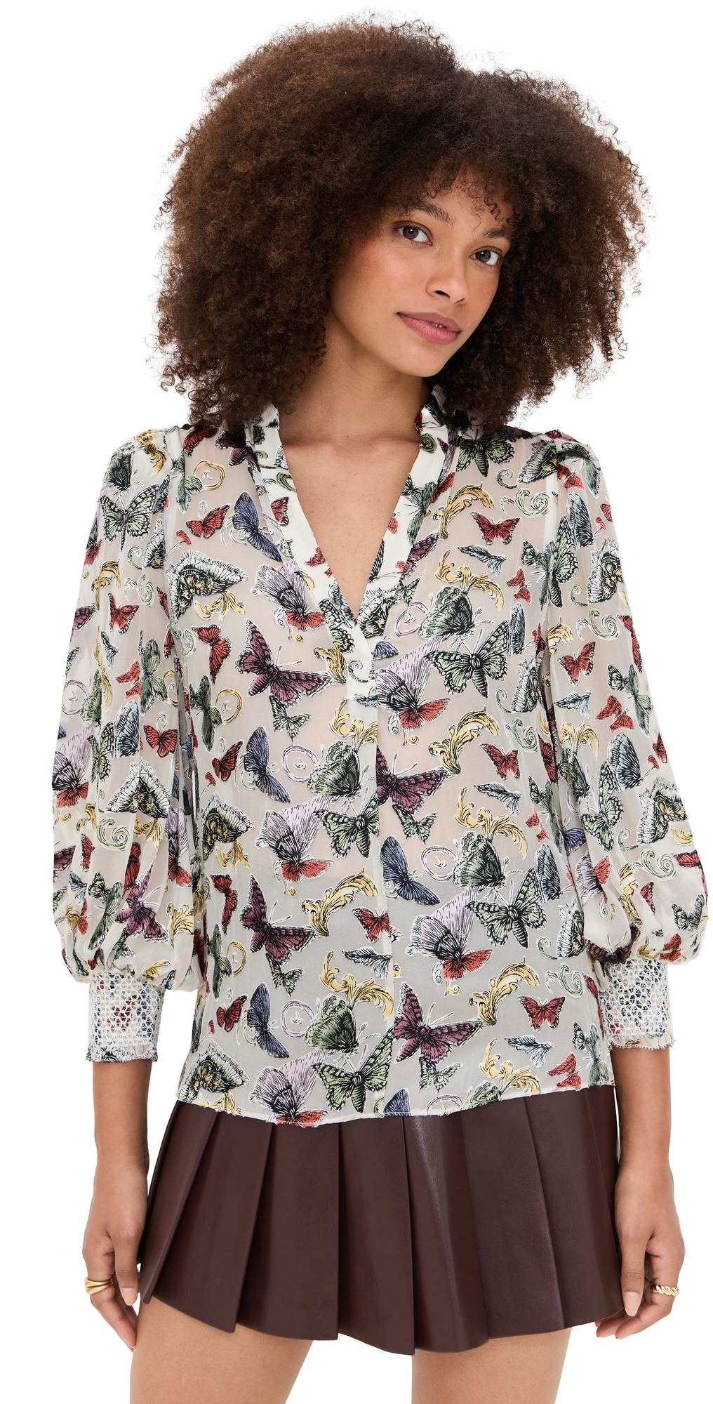 Alice And Olivia Sheila Blouson Sleeve Smocked Cuff Henley Top Spread Your Wings In Multi