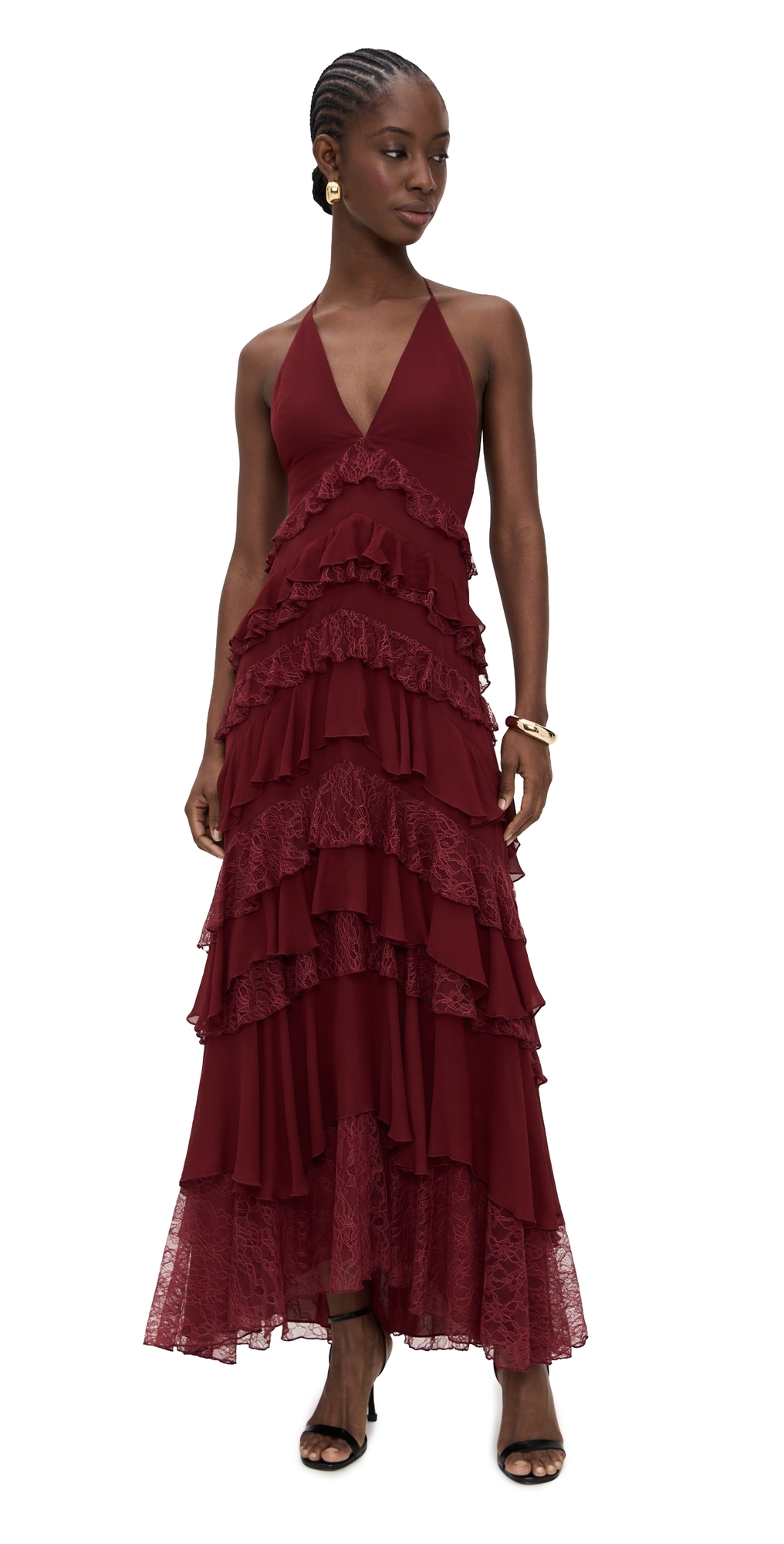 Alice And Olivia Liana V Neck Ruffle Maxi Dress Oxblood In Brown