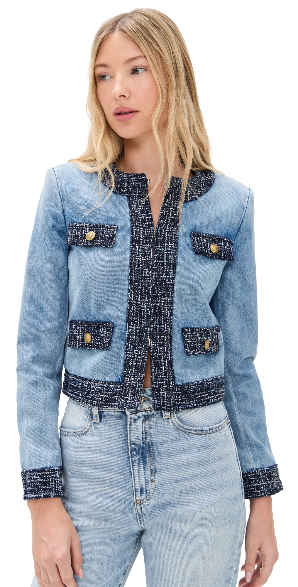 Alice And Olivia Landon Cropped Denim Jacket Celine Vintage In Blue