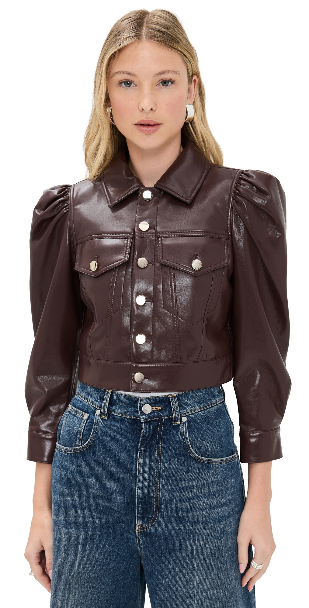 Alice And Olivia Lana Vegan Leather Puffed Sleeve Jacket Dark Chocolate In Brown