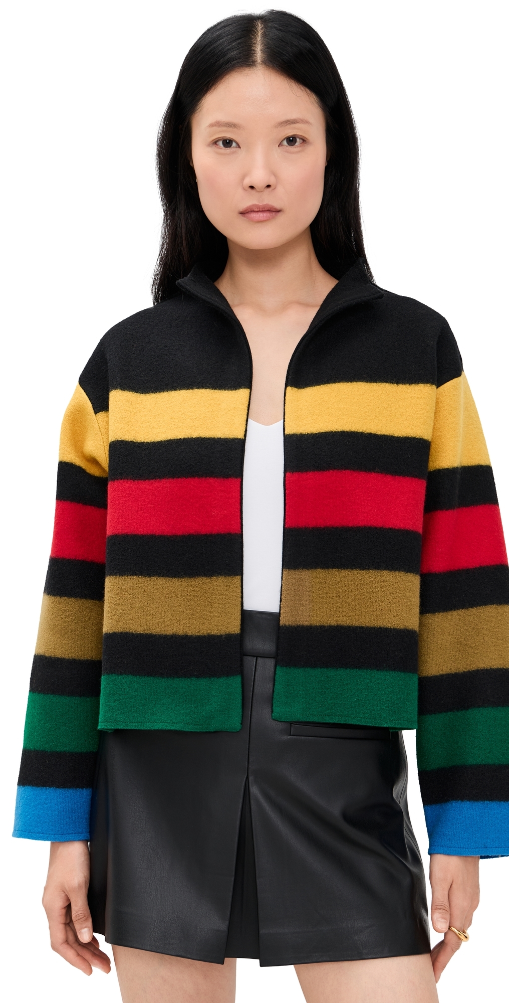 Alice And Olivia Pearson Collared Striped Sweater Jacket Black Multi In Multi