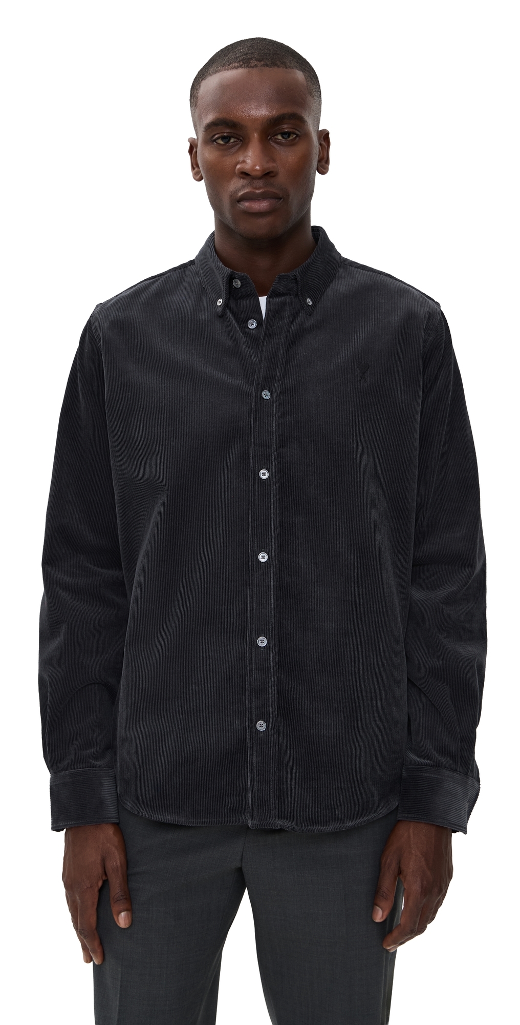 Ami Alexandre Mattiussi Adc Button-down Collar Logo-embroidered Cotton-corduroy Shirt In Black