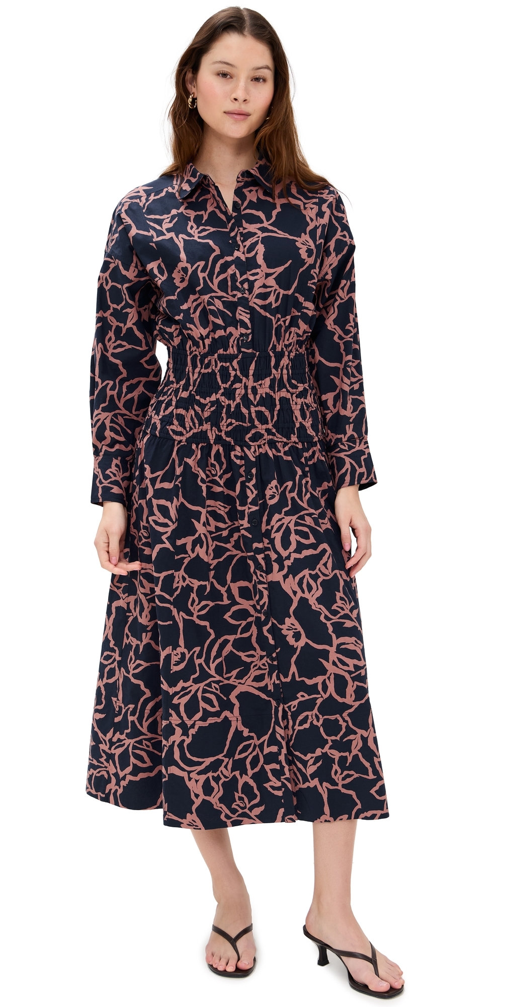 Apiece Apart Sophia Smocked Shirt Dress Large Lace Floral Navy In Large Lace Floral Navy