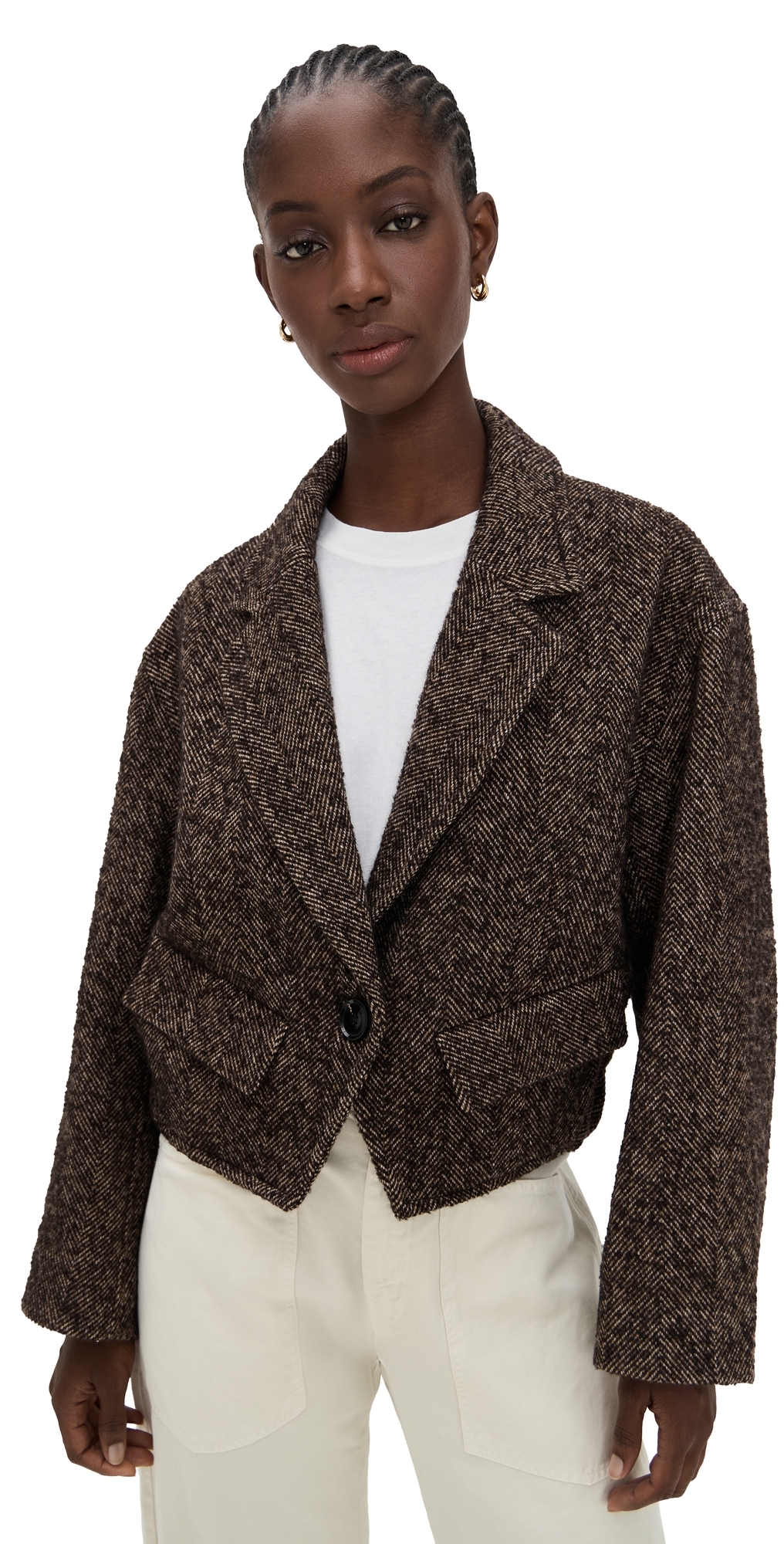 Apiece Apart Ria Cropped Back Jacket Textured Herringbone In Gray