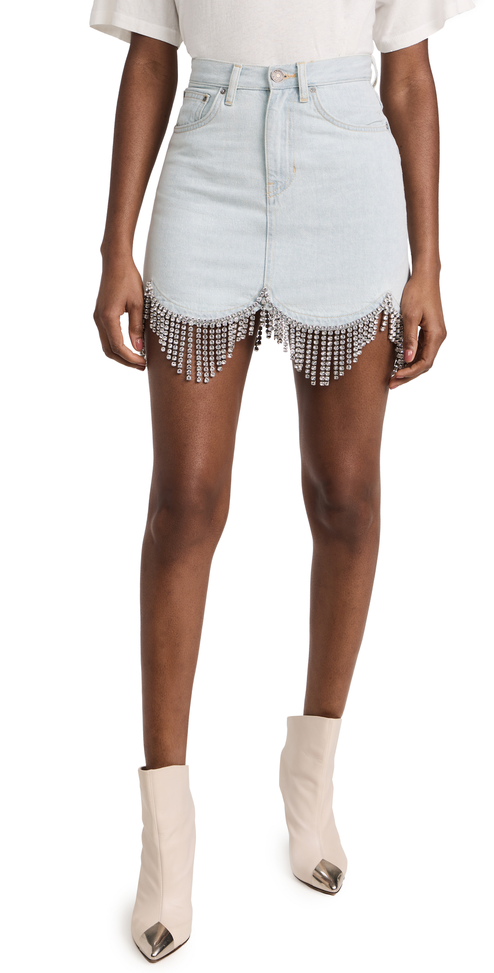 Area Scalloped Crystal-fringe Denim Mini Skirt