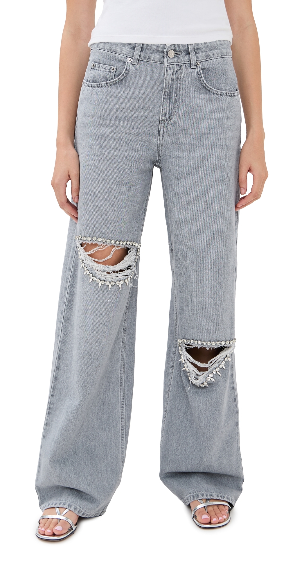 Area Distressed Crystal Relaxed Slit Jeans Light Grey In Gray